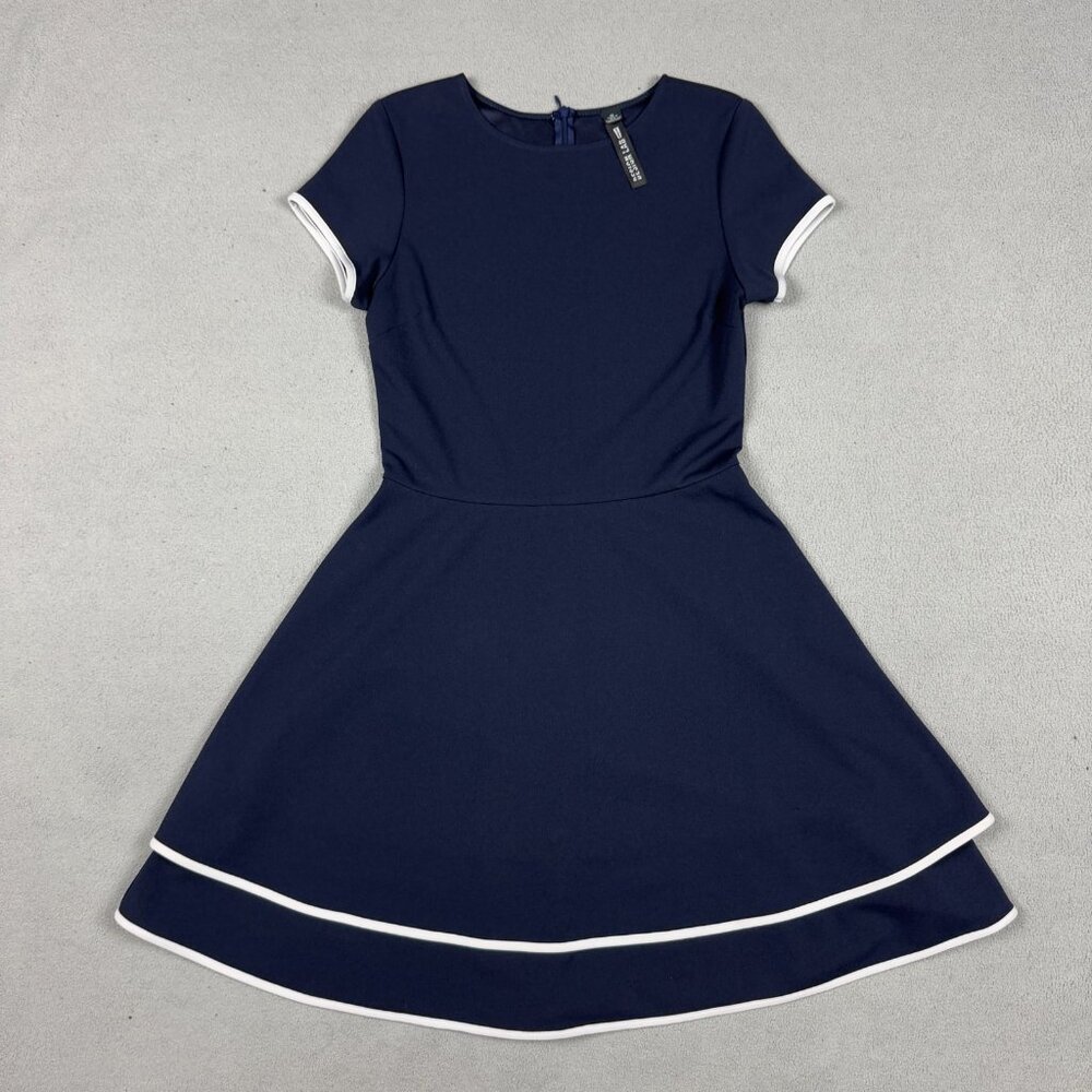 Design Lab Navy Blue Fit & Flare Dress M White Trim